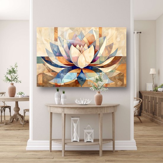 Tableau Lotus - Tableaux de Bloem - Peinture sur toile Géométrie - Décoration murale moderne - Toile avec cadre - Toile d'art mural avec cadre 60x40 cm