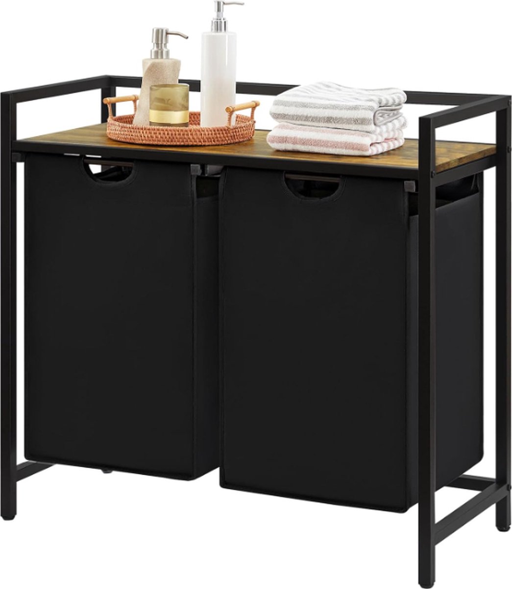 Goedkoopste Stellar Wasmand - 2 Secties - 95L Inhoud - Uittrekbare Zakken - Met Opslagplank - 76x33,5x72 cm - Zwart