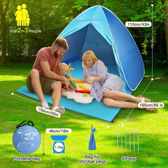 Pop-up Strandtent UV-bescherming Windbescherming Ritsdeur Draagbaar - 2-3 Personen Familie Baby Kinderen - Outdoor Camping Tuin Beach Tent van POP — afbeelding 3