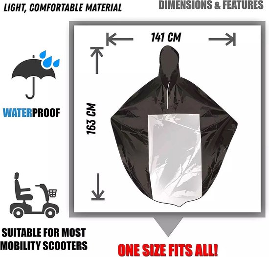 Zwarte regenponcho met capuchon, afmetingen 163x141 cm, waterdicht, voor scootmobielen.
