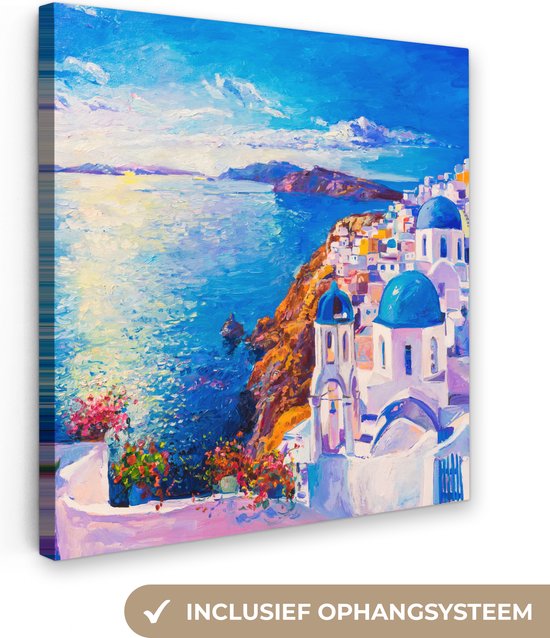 Canvas schilderij 50x50 cm - Wanddecoratie Schilderij - Griekenland - Water - Olieverf - Muurdecoratie woonkamer - Slaapkamer decoratie - Kamer accessoires - Schilderijen op canvas