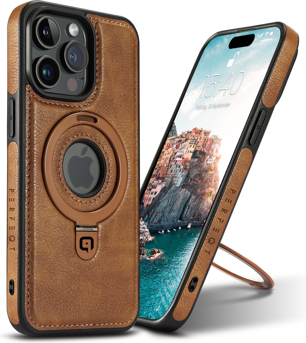 Perfeqt hoesje geschikt voor iPhone 15 Plus leren BackCover met Kickstand & Keyring houder - Brown