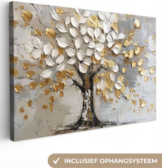 Canvas schilderij 120x80 cm - Wanddecoratie Boom - Beige - Grijs - Goud - Abstract - Muurdecoratie woonkamer - Slaapkamer decoratie - Kamer accessoires - Schilderijen op canvas