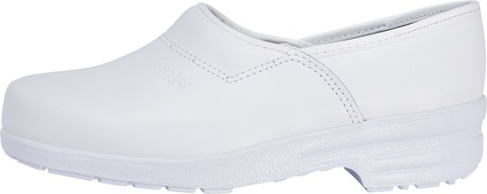Witte Skolys klomp, zijkant met anti-slip zool.