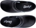Twee zwarte Skolys klompen, van bovenaf gezien, met witte stiksels.