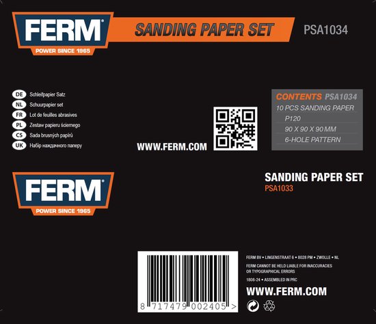 FERM SANDING PAPER SET PSA1034, 10 vellen schuurpapier, P120, 90x90 mm, 6-gaats patroon.