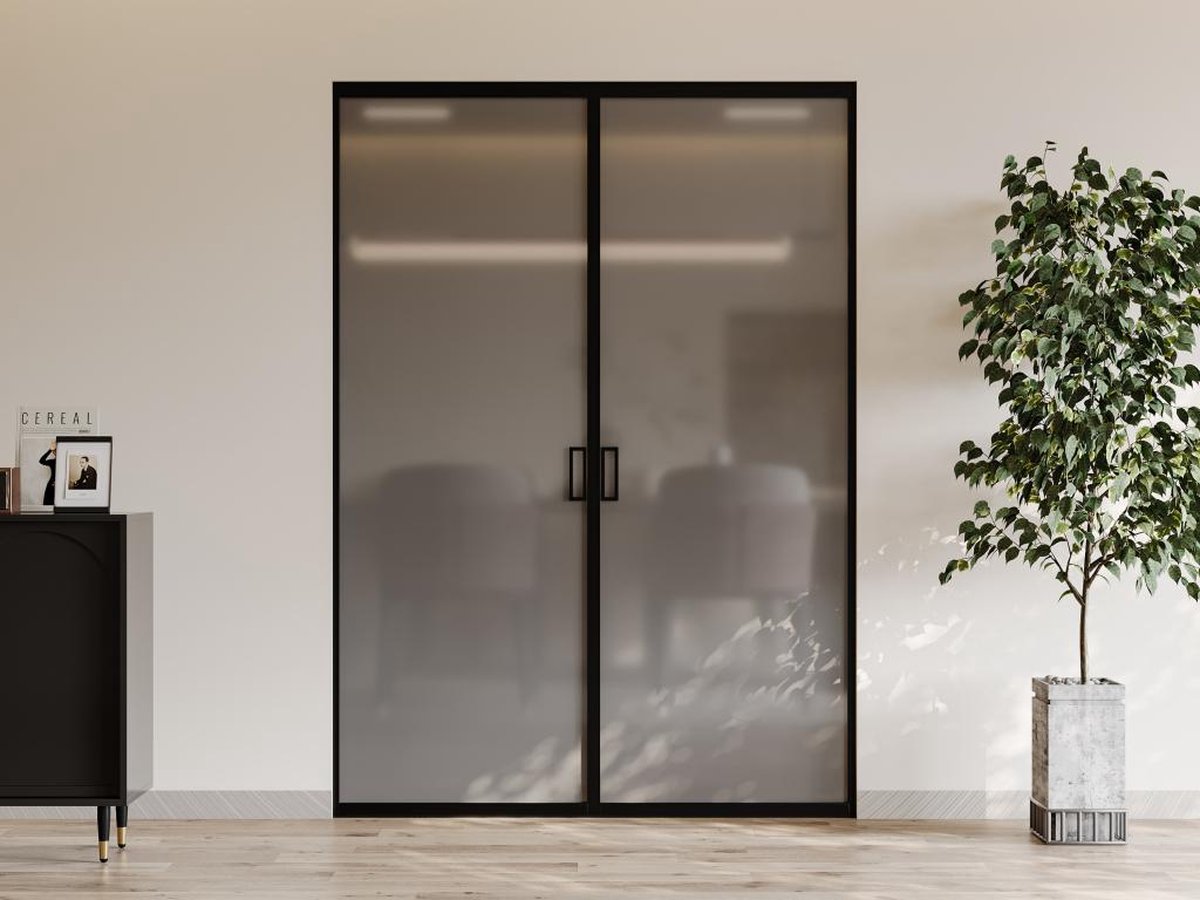 Vente-unique Dubbele schuifdeur met klamplaagsysteem - Aluminium en gehard rookglas - 2 x H205 x L83 cm - LINCI II L 83 cm x H 205 cm x D 4 cm