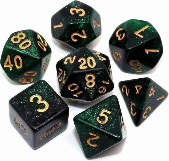 Foto: Nereb dobbelstenen set 7 delig d20 d12 d10 d8 d6 d4 groen met sterren inclusief bewaarzakje voor rpg tafelspellen