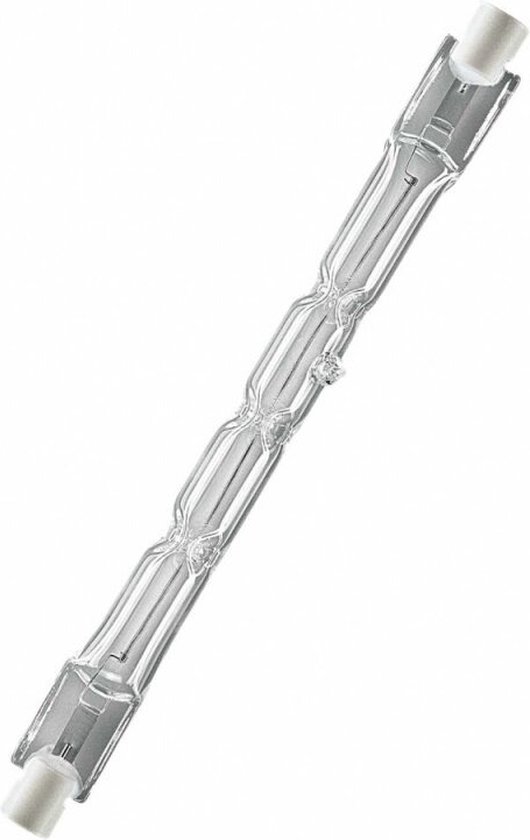 Transparante halogeenlamp, G Master, 118mm, 300W, type R7s, liggend op witte achtergrond.