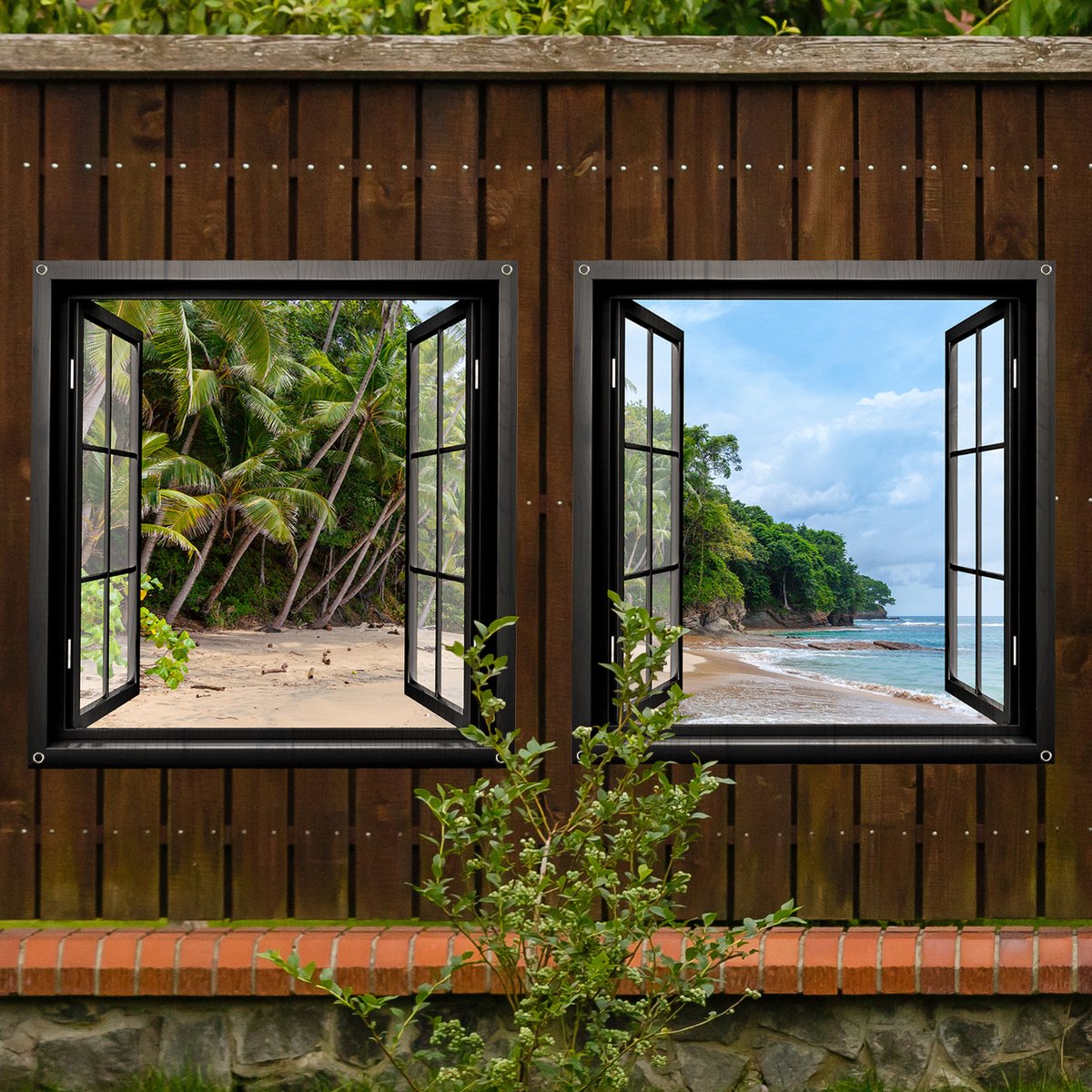 Tuinposter Doorkijk Raam nr6 Set - Tuindecoratie - twee stuks van 100 x 100 cm - Tuindoek - PosterGuru