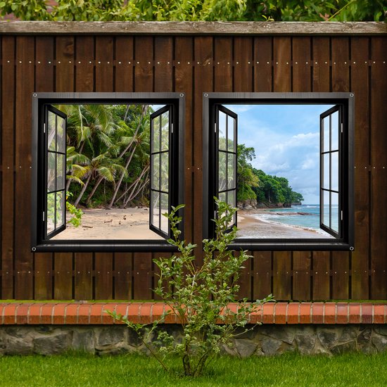 Poster de jardin avec fenêtre transparente n ° 6 - Décoration de jardin - deux pièces de 120 x 120 cm - Toile de jardin - PosterGuru