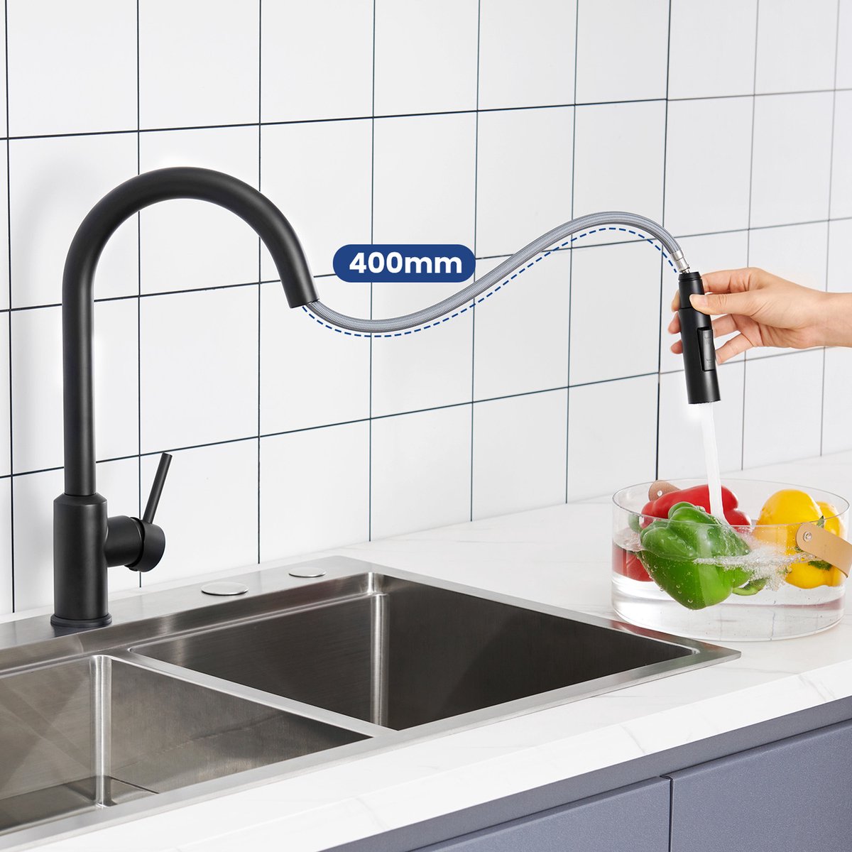 Faustina Keukenkraan met Sproeier uittrekbaar, Spoelbak Kraan Keuken Eengreeps Mengkraan Hogedruk Spoelbak Kraan 2-Functie, 360° draaibaar van Roestvrij Staal zwart