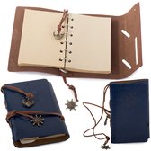 Vintage Lederen Notitieboek met Windroos 15x10CM - Blauw - Schetsboek Notebook - Cadeau idee - Blanco Papier - Travel Journal Reis Dagboek Retro