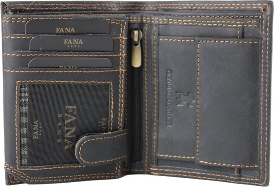 Fana Bags Heren Portefeuille Leer - Hunter Leer - Staand Model - RFID Portemonnee - Unisex Portemonnee - Cadeau Man - Zwart