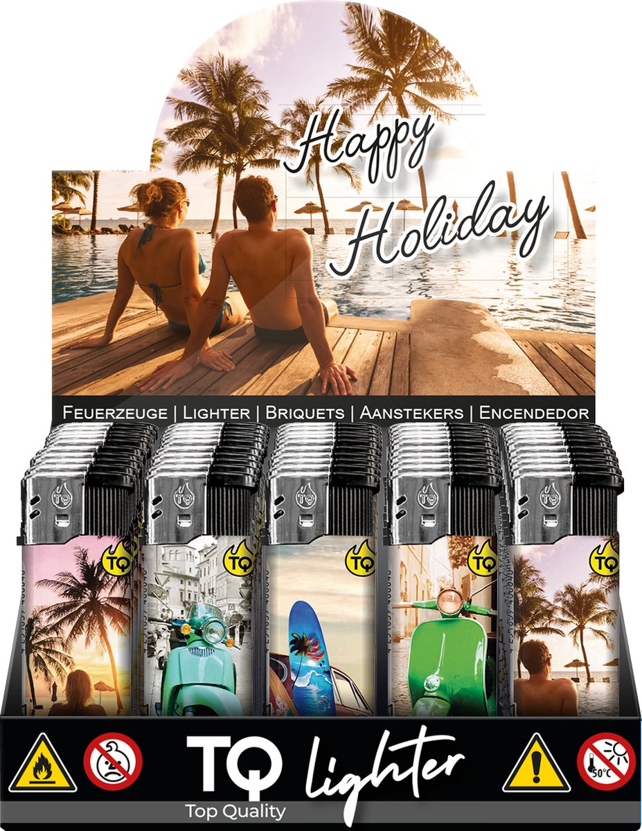 Goedkoopste Elektronische aansteker hervulbaar - Design Happy Holiday - Display 50 stuks - wegwerpaansteker - electronic lighter - klik aanstekers