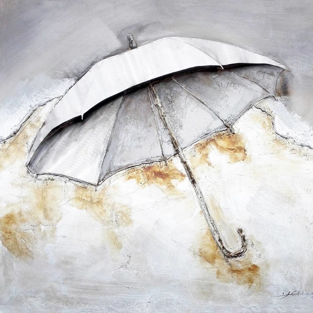 karo-art Schilderij -Handgeschilderd - Paraplu - beige wit - 100x100cm Multikleur