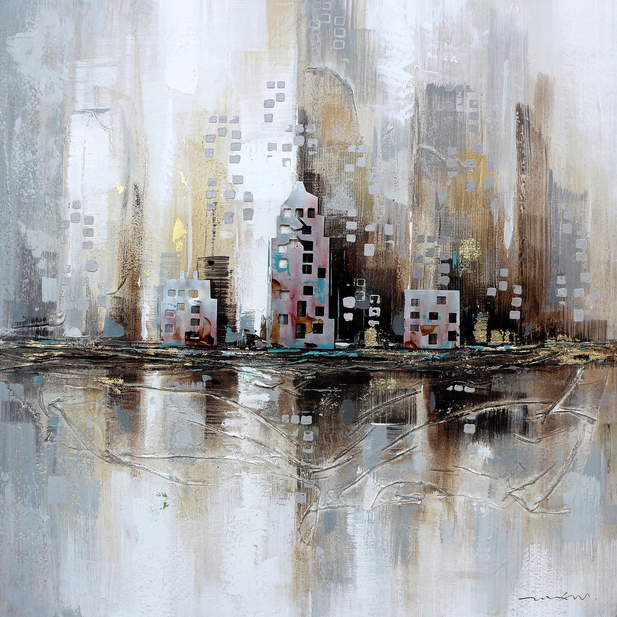 karo-art Schilderij - Handgeschilderd - City Skyline, 100x100 Multikleur