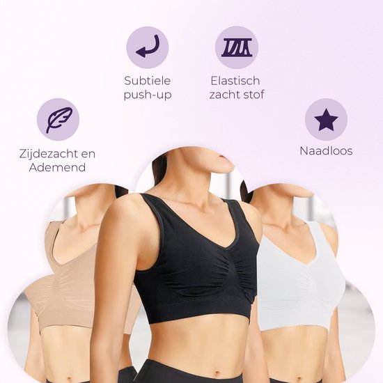 Mannequins portant des soutiens-gorge sans couture beiges, noirs et blancs, avec du texte sur 'soyeux', 'respirant', 'push-up subtil', 'tissu doux et élastique' et 'sans couture'.