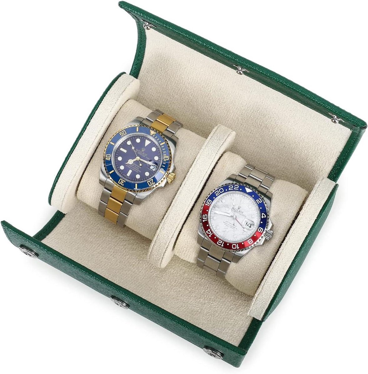 Opberghoes voor 2 Horloges - Handgemaakt Echt Saffiano Lederen Reishorloge Draagbare Case - Verwijderbare Kussens - Snag Montage Ontwerp - Groen