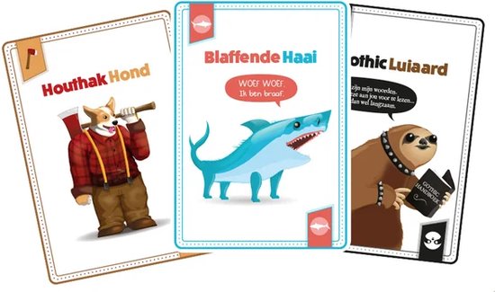 Drie kaarten uit het spel: Houthak Hond, Blaffende Haai en Othic LuiAard.