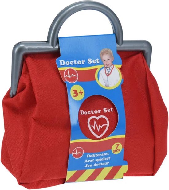 Rode dokterstas met speelgoed inclusief opdruk van een kind en een hart met ECG-lijn. Leeftijd 3+.