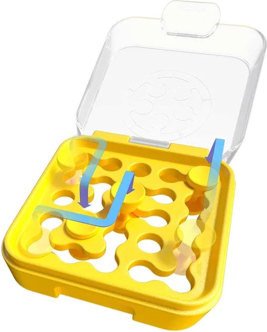 Geel spelbord met openingen, gele schijven en blauwe pijlen die een pad aanduiden.