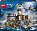 LEGO City Politiegevangeniseiland bouwpakket met gebouw, helikopter en boten.