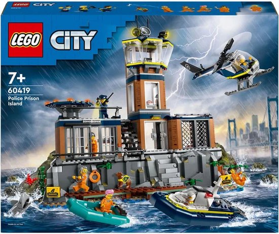 LEGO City Politiegevangeniseiland bouwpakket met gebouw, helikopter en boten.