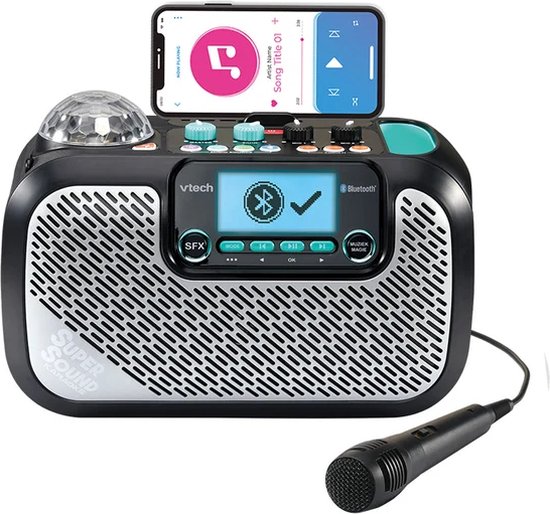 Zwarte VTech Super Sound Karaoke speaker met microfoon en telefoon met muziekweergave.