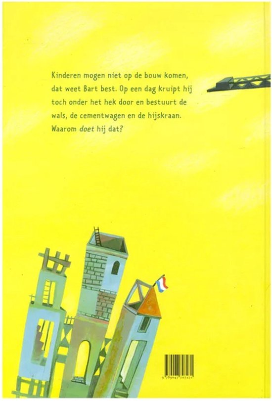 Achterkant boek met gele achtergrond. Iconen van gebouwen, een kraan en tekst.