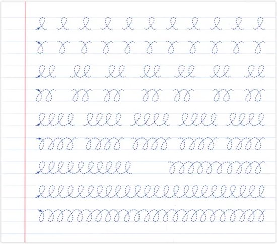 Page d'exercices lignées pointillées pour l'écriture : boucles et spirales.