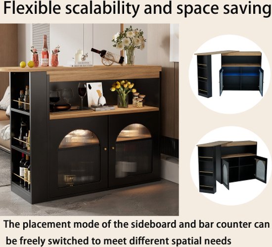 360° draaibare bartafel (120×40×97 cm), modern meubel met glazen deur en opbergvak, voor keuken en woonkamer