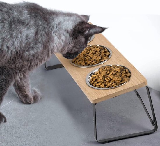 Kattenvoerbak 3-delige set - verhoogde kattenbak - voederbak met voerstandaard - roestvrijstalen schalen voor water en voer - voederbakken voor katten en puppy's