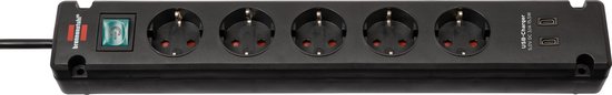 Brennenstuhl stekkerdoos 5-voudig met 2 USB C-laadpoorten (stekkerdoos USB C met schakelaar en 3m kabel, verdeeldoos voor wandmontage)