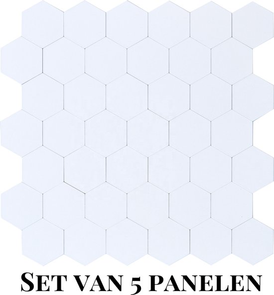 Vijf witte zeskantige wandpanelen op een witte achtergrond, met de tekst 'SET VAN 5 PANELEN'.