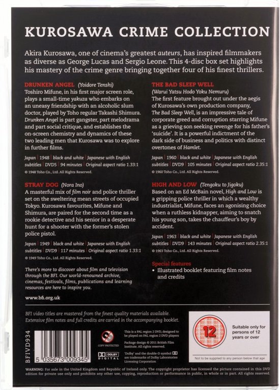 Achterkant van de Kurosawa Crime Collection DVD-box set met de titels van de vier films en hun beschrijvingen..