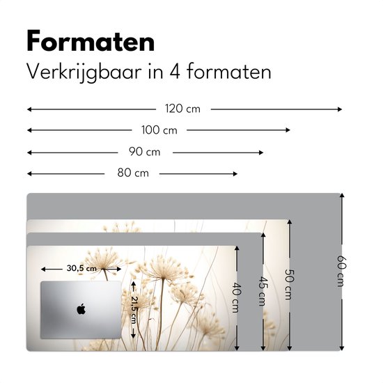 Sous-main 120x60 cm - Fleurs - Wit - Sunlight - Tapis de souris XXL - Sous-main - Grands Tapis de souris