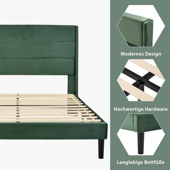 KOMHTOM Lit double 140x200 cm avec sommier à lattes et tête de lit Lit scandinave pour adulte Lit capitonné Vert