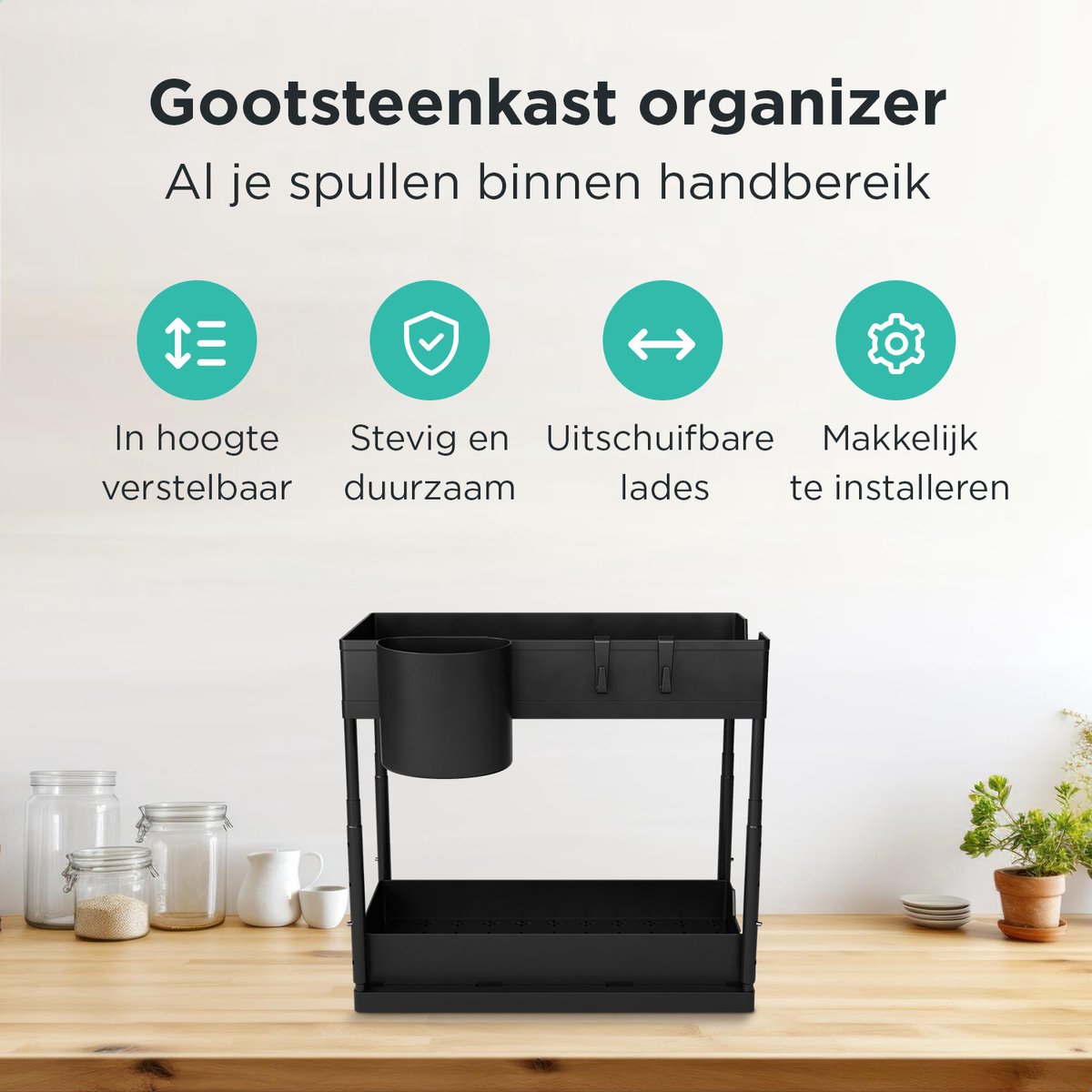 Syver Gootsteenkast Organizer - Keukenkast Organizer - In hoogte verstelbaar - Gootsteenkast - Inclusief microvezeldoekjes — cadeau in Cadeau-ideeën - foto 3