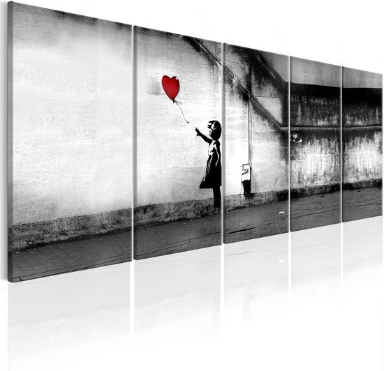 Schilderij - Banksy: Wegvliegende Ballon , meisje , rode ballon , 5 luik, 2 maten, Print op echt Italiaans canvas, Wanddecoratie