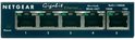 Frontaal aanzicht van een blauwe Netgear 5-poorts gigabit Ethernet switch.