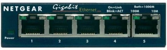 Frontaal aanzicht van een blauwe Netgear 5-poorts gigabit Ethernet switch.