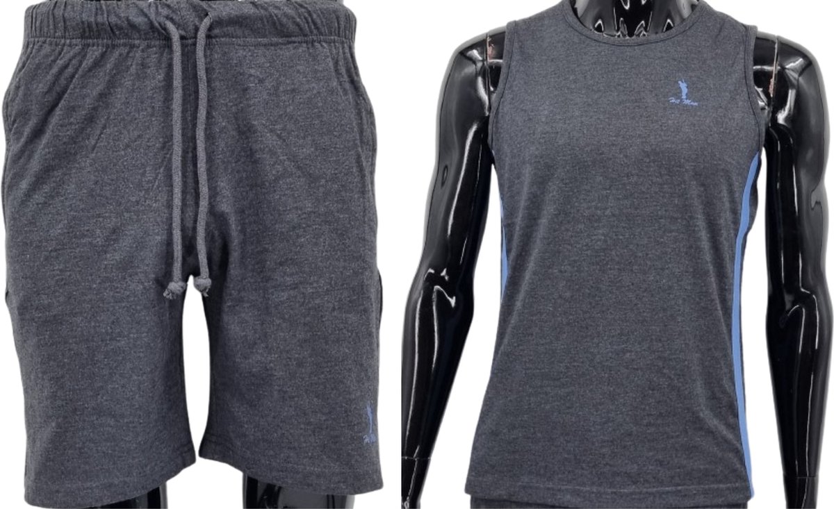 Hitman – Korte Broek Heren - 100% Katoen - 2 Delige Set - Korte Broek met Ritszakken - Sportkleding Heren - Huispak Heren - 1 x Korte Broek en 1 x Heren Hemd - Donker Grijs – Maat S