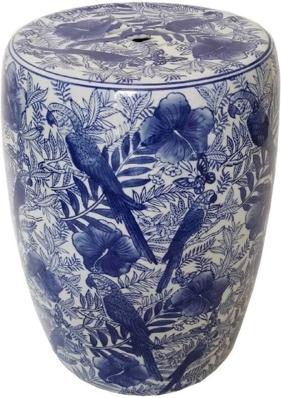 Fine Asianliving Keramische Kruk Blauw Wit Papegaaien Handgeschilderd - Cordelia D30xH45cm Keramiek Bijzettafel Porselein Stoel Tuinkruk