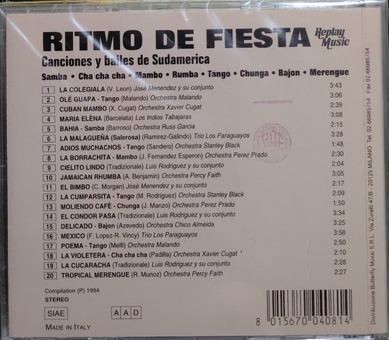 Albumhoes met de titel "Ritmo De Fiesta" en lijst van Zuid-Amerikaanse liedjes, compilatie uit 1994.