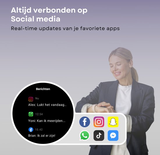Vrouw met smartwatch, met iconen van Facebook, Instagram, Snapchat, WhatsApp, TikTok en Messenger. "Altijd verbonden op Social media".