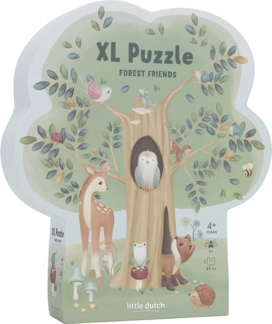 XL puzzel in bosvorm met een boom vol dieren zoals een hert, uil, eekhoorn en beer. 37 stukjes.
