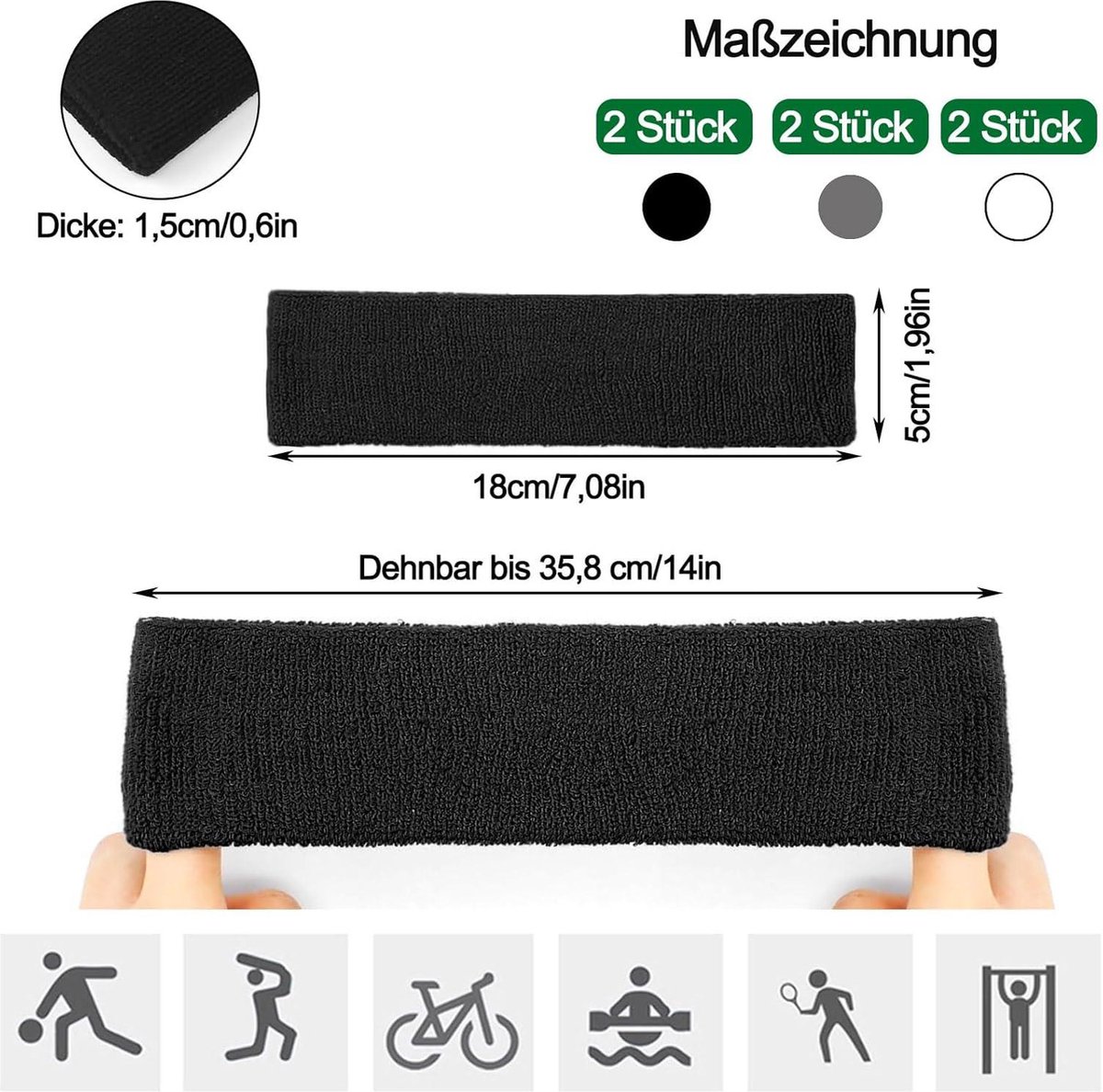 Olakin zweetbanden [2 stuks], sportpolsbanden van katoen, absorberende polsbanden voor dames en heren, voor sporten zoals hardlopen, joggen, voetbal, tennis (zwart