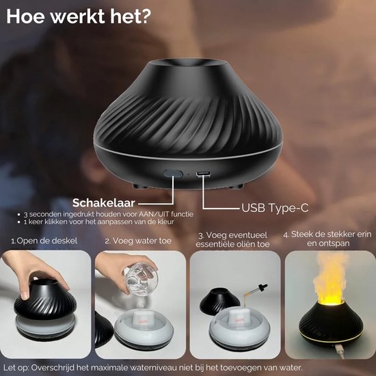 Zwarte aroma diffuser met stapsgewijze instructies voor gebruik, inclusief USB Type-C aansluiting.