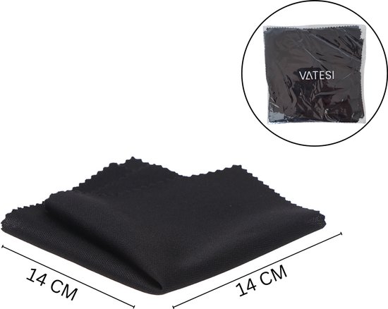 Zwart microvezeldoekje van 14x14 cm, in verpakking met VATESI logo.